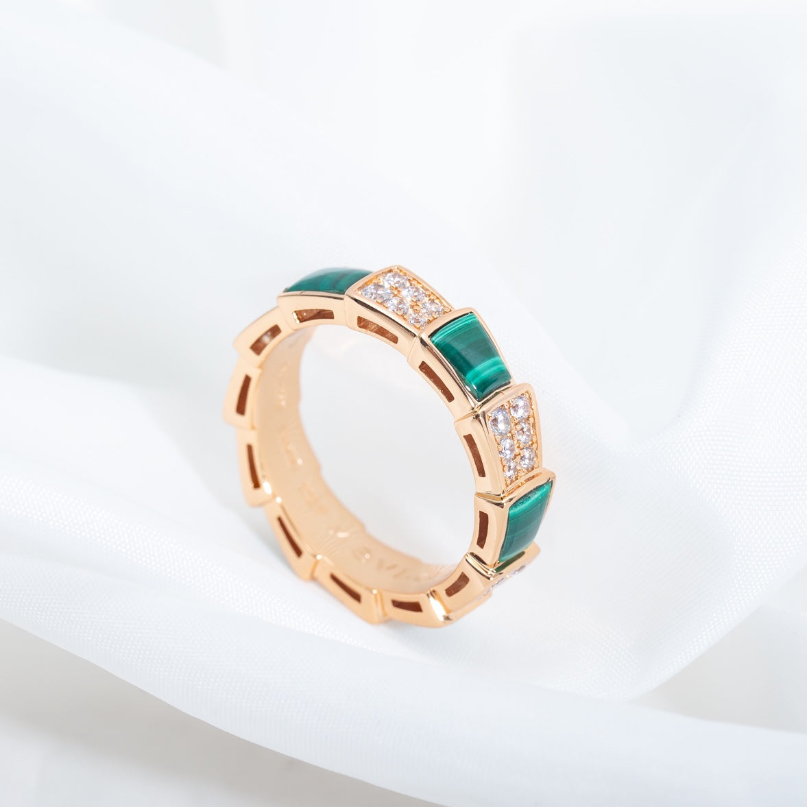 [Clover Jewelry]SERPENTI RING PINK GOLD MALACHITE DIAMOND PAVED 4MM