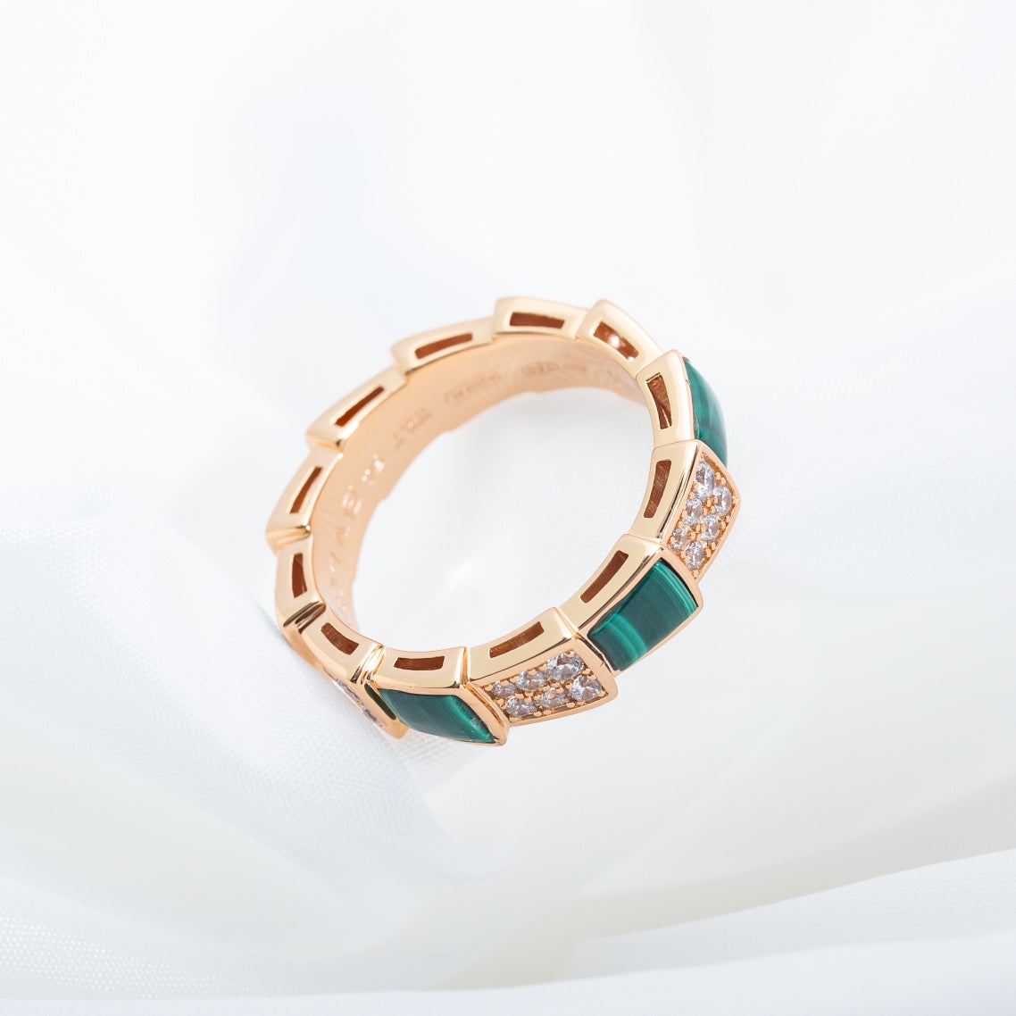 [Clover Jewelry]SERPENTI RING PINK GOLD MALACHITE DIAMOND PAVED 4MM