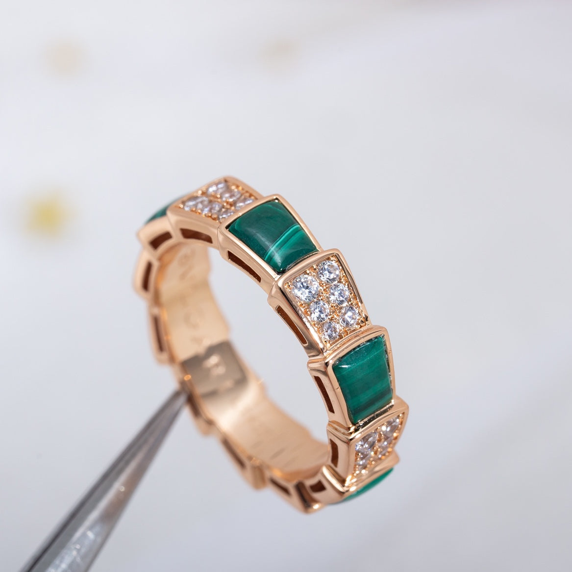 [Clover Jewelry]SERPENTI RING PINK GOLD MALACHITE DIAMOND PAVED 4MM
