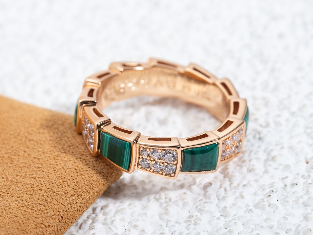 [Clover Jewelry]SERPENTI RING PINK GOLD MALACHITE DIAMOND PAVED 4MM