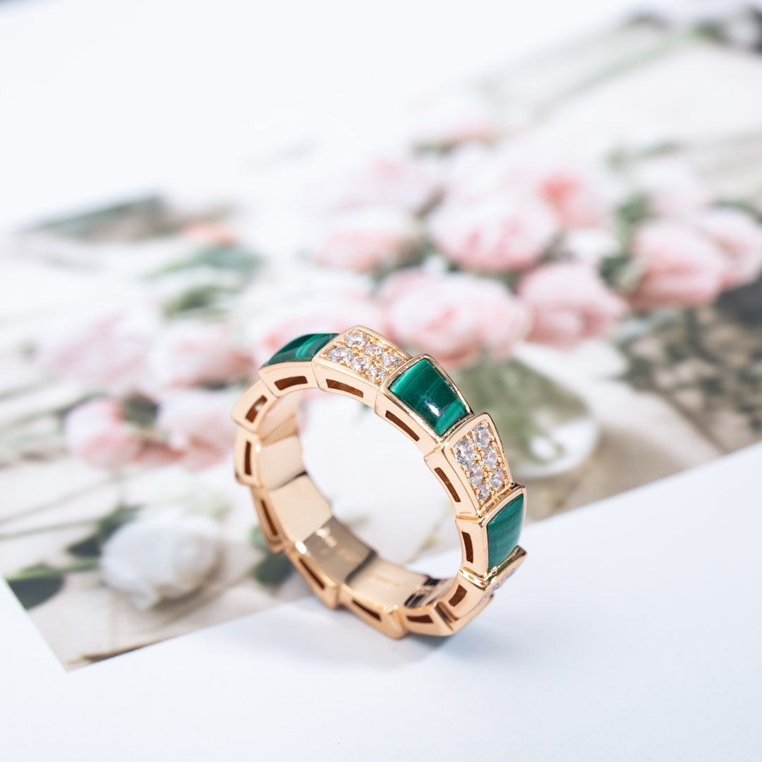 [Clover Jewelry]SERPENTI RING PINK GOLD MALACHITE DIAMOND PAVED 4MM