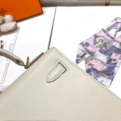 HM KELLY 25CM WHITE EPSOM LEATHER GOLD HARDWARE