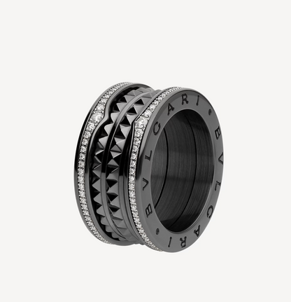 [Clover Jewelry]ZERO 1 ROCK FOUR-BAND BLACK CERAMIC WITH STUDDED SPIRAL AND PAVED DIAMONDS RING