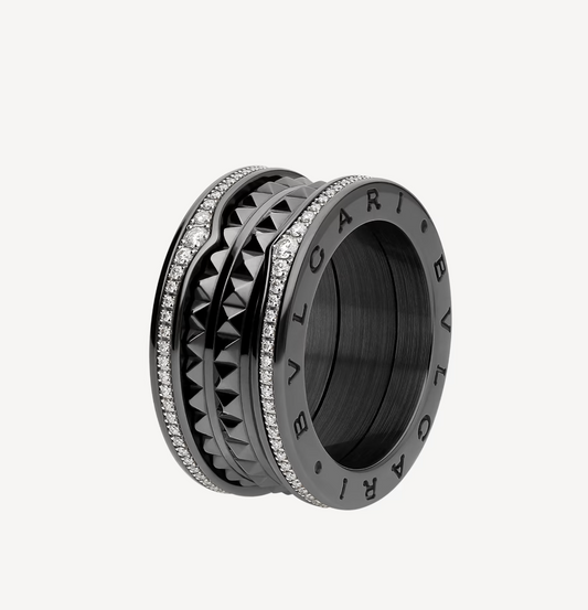 [Clover Jewelry]ZERO 1 ROCK FOUR-BAND BLACK CERAMIC WITH STUDDED SPIRAL AND PAVED DIAMONDS RING