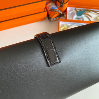 JIGE ELAN 29 CLUTCH IN BLACK CALFSKIN WITH LIZARD SKIN (MADE-TO-ODER)