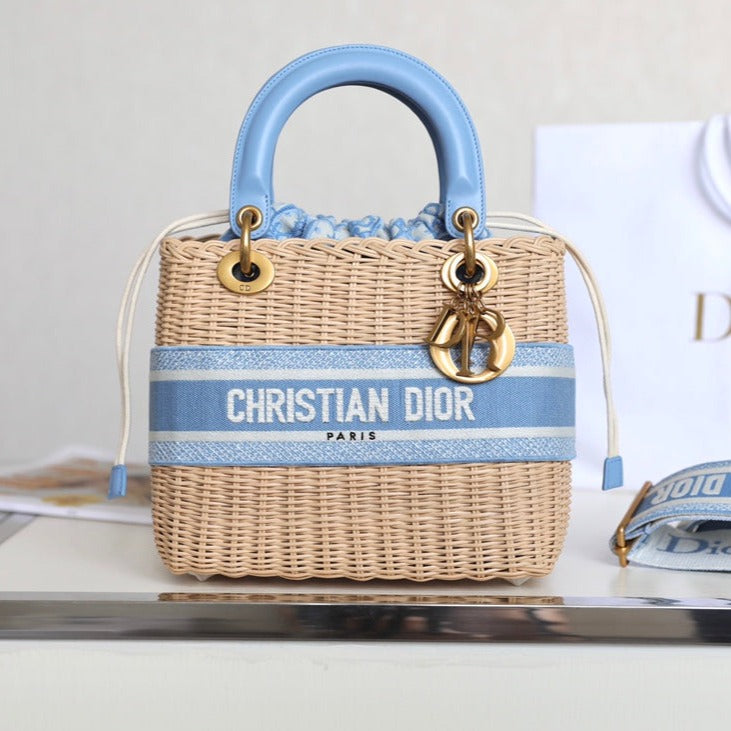 LADY 24 BASKET BAG IN BLUE OBLIQUE JACQUARD MIX BEIGE WICKER