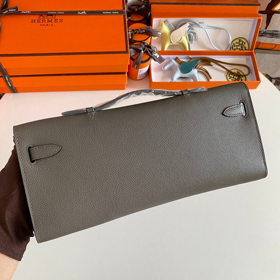 KELLY CUT 31 IN WOOD BROWN CALFSKIN WITH SILVER HARDWARE