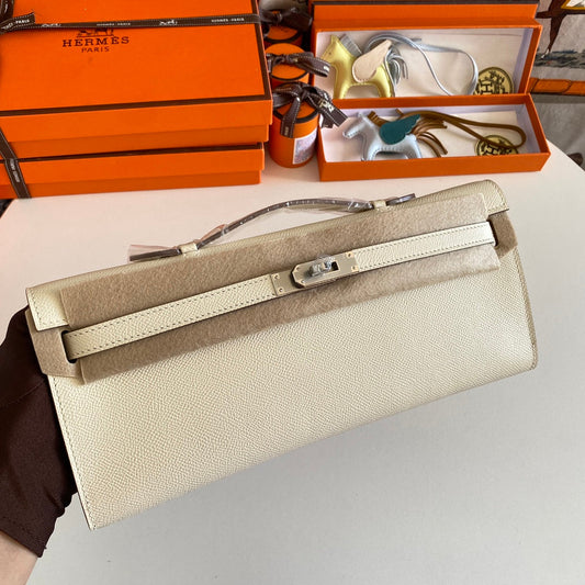 KELLY CUT 31 IN BEIGE CREAM CALFSKIN WITH SILVER HARDWARE