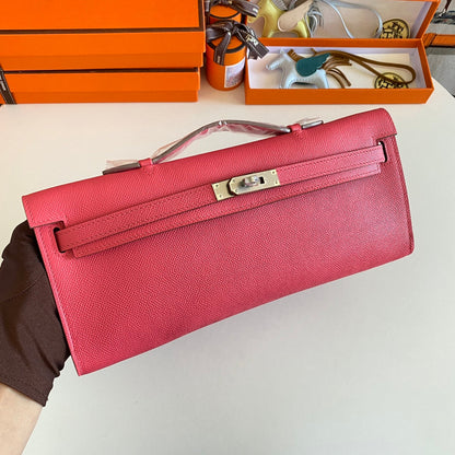KELLY CUT 31 IN WATERMELON PINK CALFSKIN WITH SILVER HARDWARE
