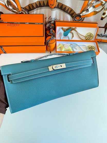 KELLY CUT 31 IN AZURE BLUE CALFSKIN WITH SILVER HARDWARE