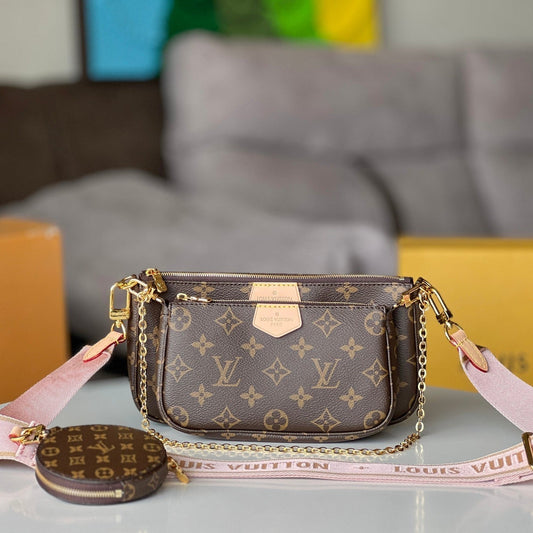 LV 25S MULTI POCHETTE ACCESSOIRES 25 IN BROWN MONOGRAM COATED CANVAS PINK STRAP