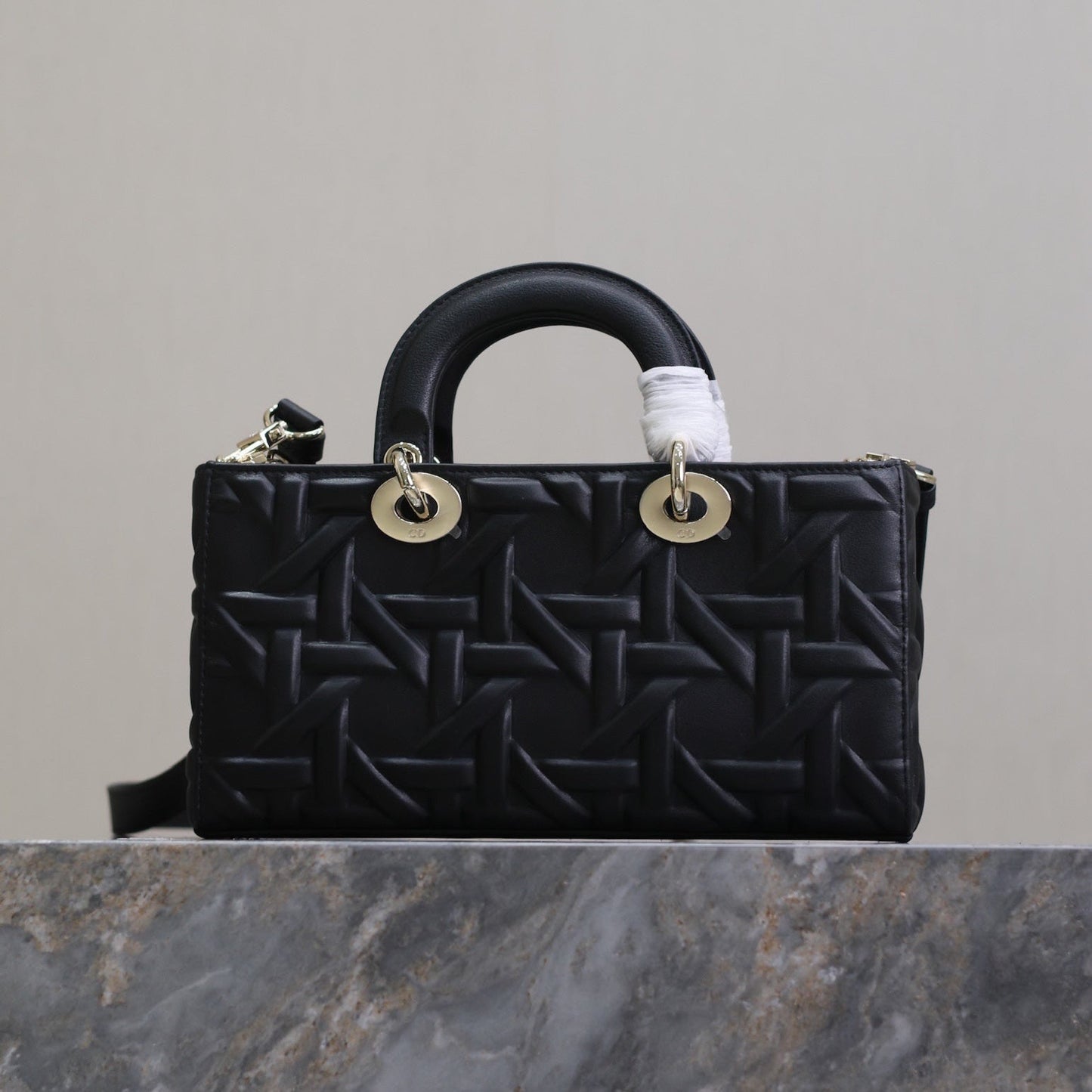 LADY D-JOY BAG 26 IN BLACK GRAPHIC CANNAGE CALFSKIN PALE GOLD-FINISH METAL CHARMS