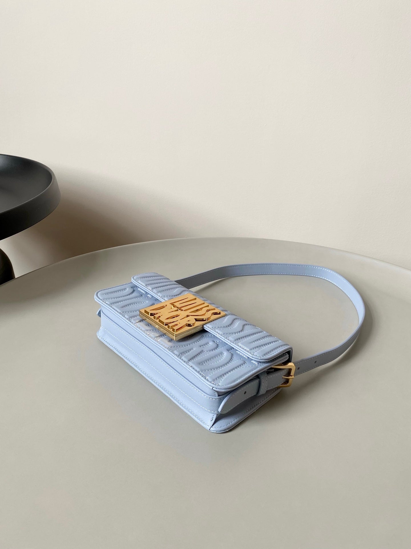 MEDIUM FLAP BAG 22 IN BABY BLUE QUILTED ALLOVER CALFSKIN