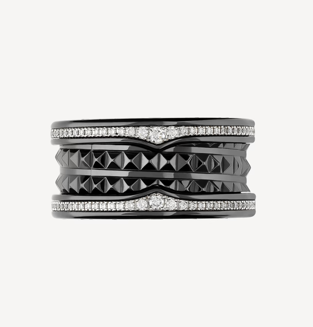 [Clover Jewelry]ZERO 1 ROCK FOUR-BAND BLACK CERAMIC WITH STUDDED SPIRAL AND PAVED DIAMONDS RING