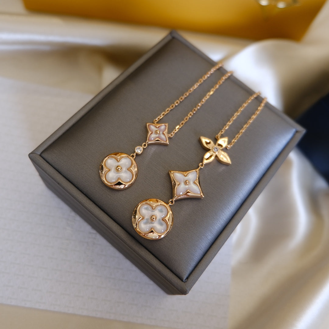 [Clover Jewelry]COLOR BLOSSOM LARIAT NECKLACE PINK GOLD WHITE MOTHER PEARL AND DIAMOND