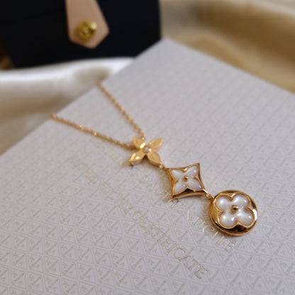 [Clover Jewelry]COLOR BLOSSOM LARIAT NECKLACE PINK GOLD WHITE MOTHER PEARL AND DIAMOND