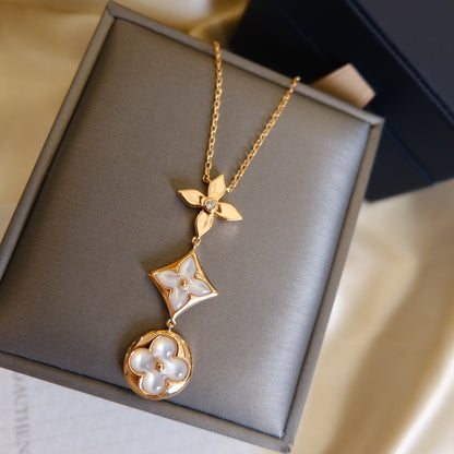 [Clover Jewelry]COLOR BLOSSOM LARIAT NECKLACE PINK GOLD WHITE MOTHER PEARL AND DIAMOND