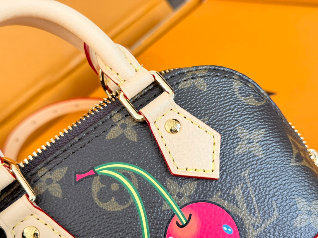 LV 25S NANO ALMA 18 IN DARK BROWN CANVAS MONOGRAM CHERRY PRINT GOLD HARDWARE