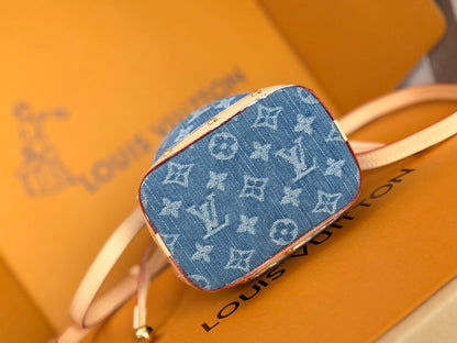 LV 25S NANO NOÉ 20 IN BLUE DENIM MONOGRAM LEATHER TRIM GOLD HARDWARE