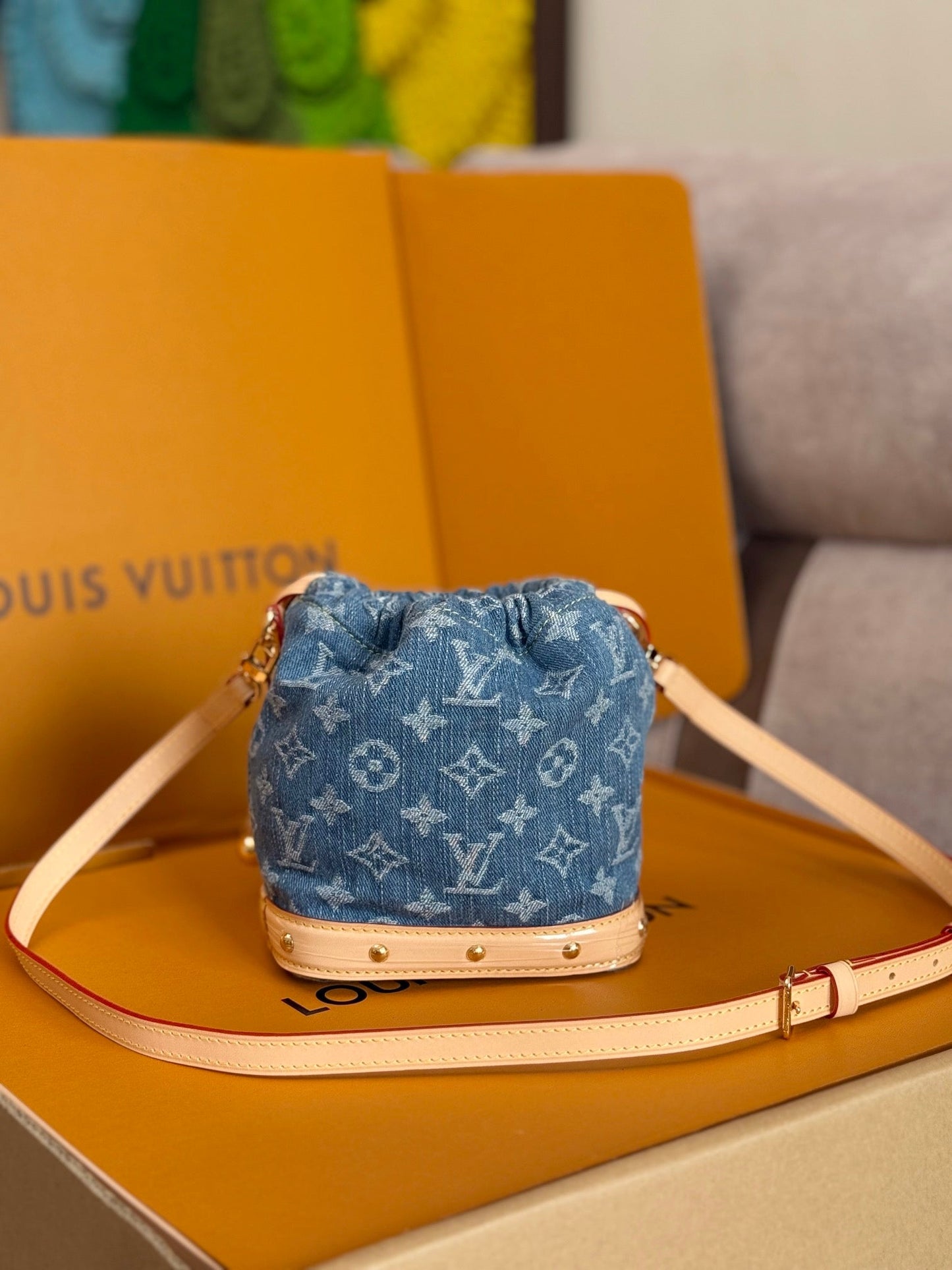 LV 25S NANO NOÉ 20 IN BLUE DENIM MONOGRAM LEATHER TRIM GOLD HARDWARE
