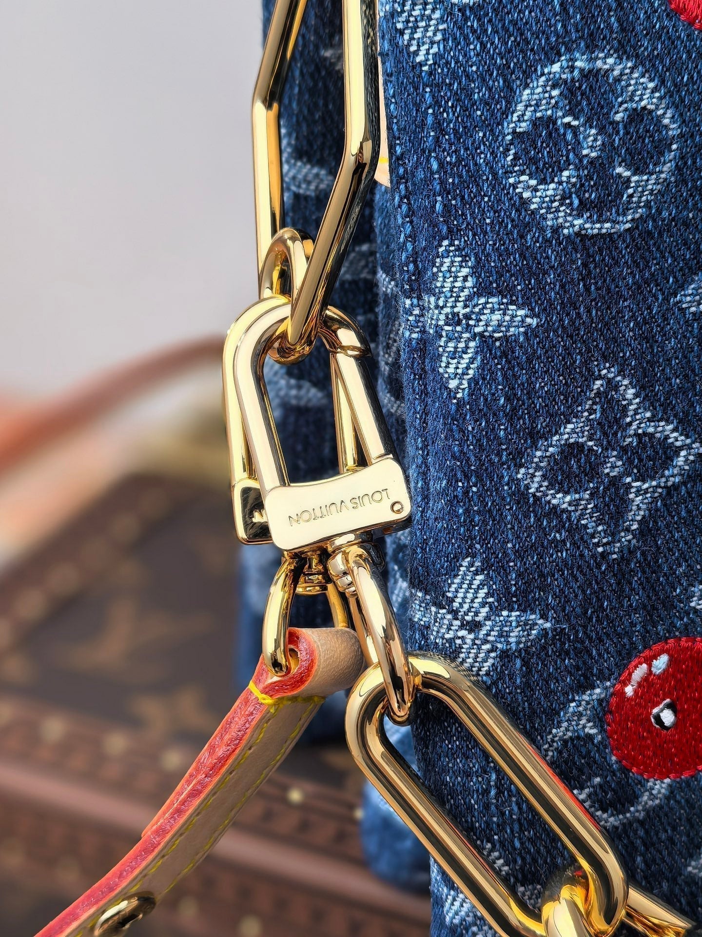 LV 25S COUSSIN BAG 26 IN DARK BLUE DENIM MONOGRAM CHERRY GOLD HARDWARE