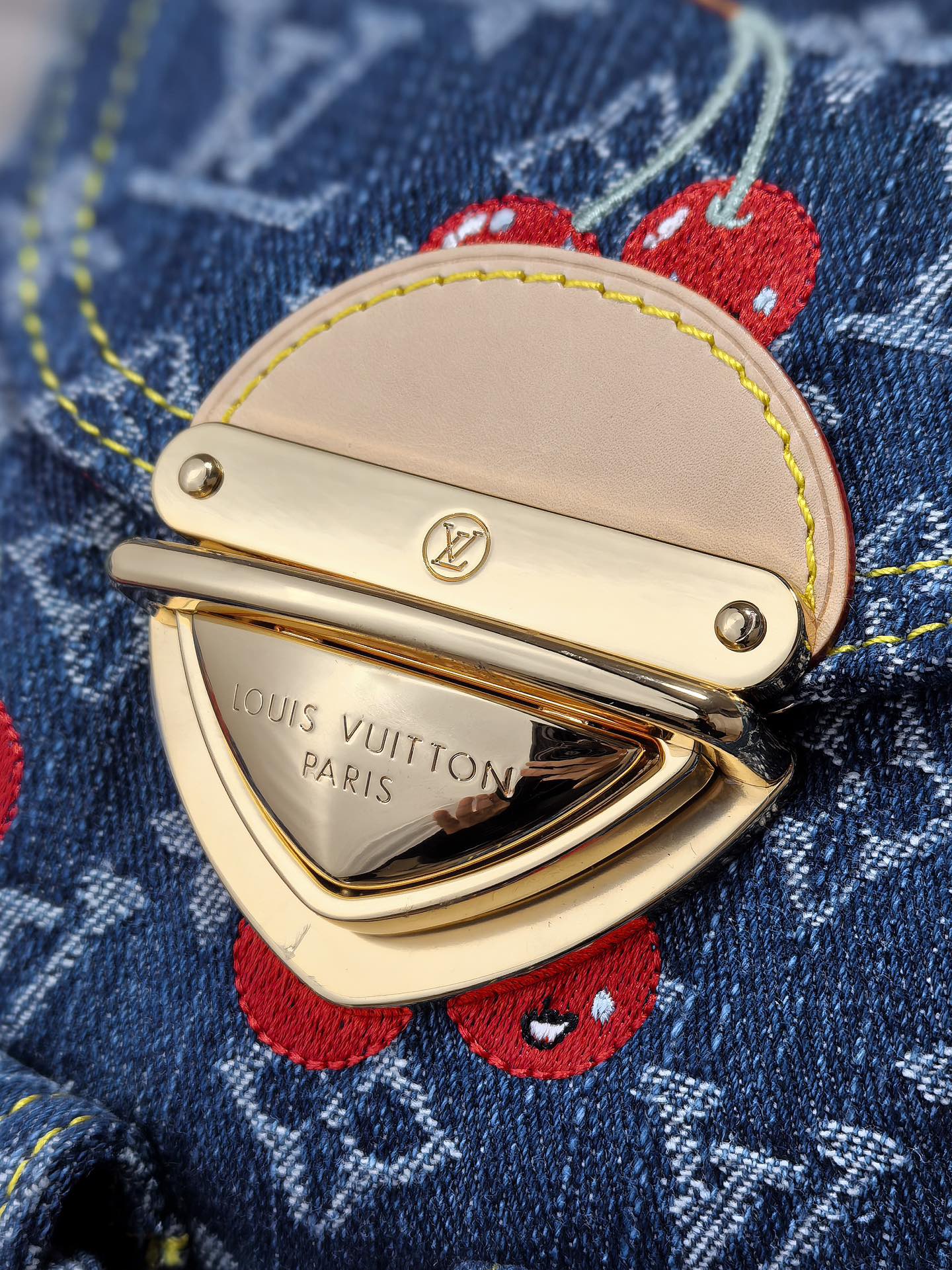 LV 25S VENICE BACKPACK 26 IN BLUE DENIM MONOGRAM CHERRY GOLD HARDWARE