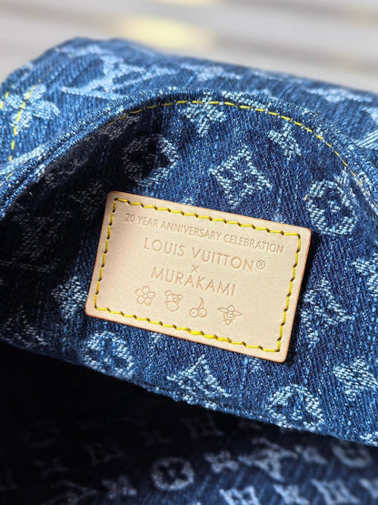 LV 25S VENICE BACKPACK 26 IN BLUE DENIM MONOGRAM CHERRY GOLD HARDWARE