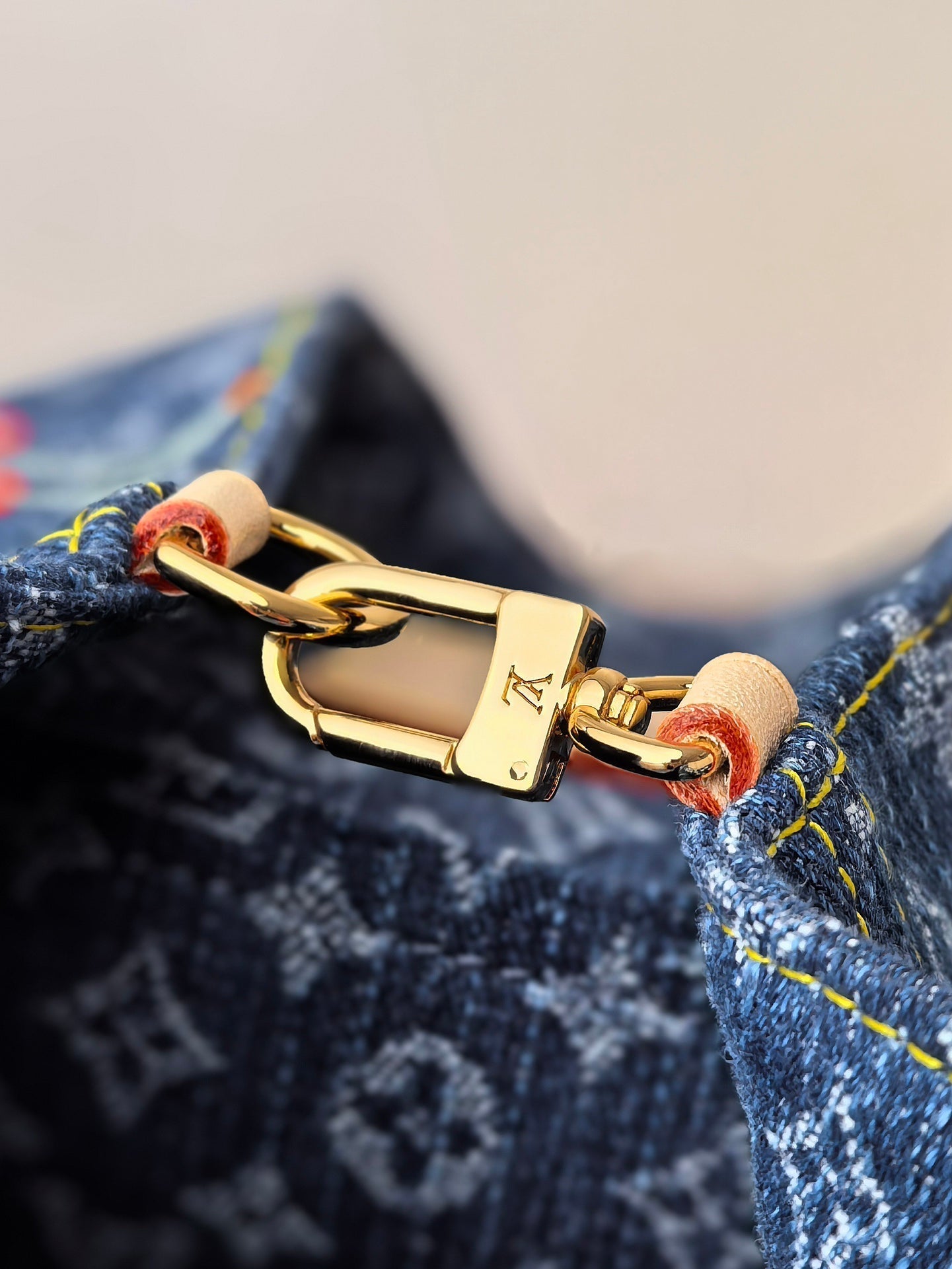 LV 25S VENICE BACKPACK 26 IN BLUE DENIM MONOGRAM CHERRY GOLD HARDWARE