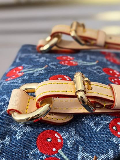 LV 25S VENICE BACKPACK 26 IN BLUE DENIM MONOGRAM CHERRY GOLD HARDWARE