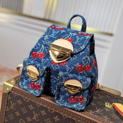 LV 25S VENICE BACKPACK 26 IN BLUE DENIM MONOGRAM CHERRY GOLD HARDWARE
