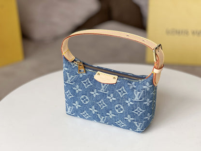 LV 25S HILLS POCHETTE 20 IN BLUE MONOGRAM DENIM CALFSKIN LEATHER STRAP