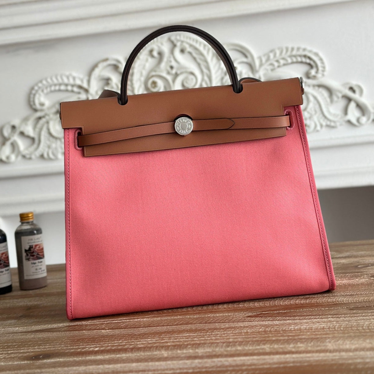 ZIP CABINE 31 BAG IN PUNCH PINK CANVAS AND BRONZE BROWN CALFSKIN
