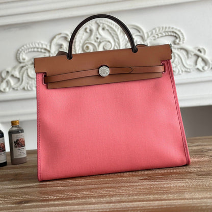 ZIP CABINE 31 BAG IN PUNCH PINK CANVAS AND BRONZE BROWN CALFSKIN