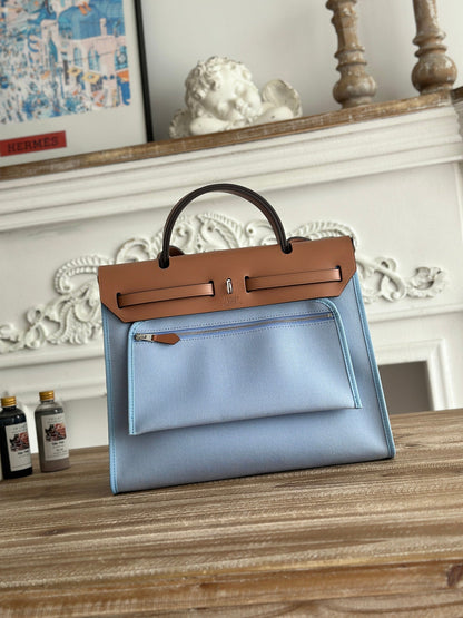 ZIP CABINE 31 BAG IN LIGHT BLUE CANVAS AND BRONZE BROWN CALFSKIN