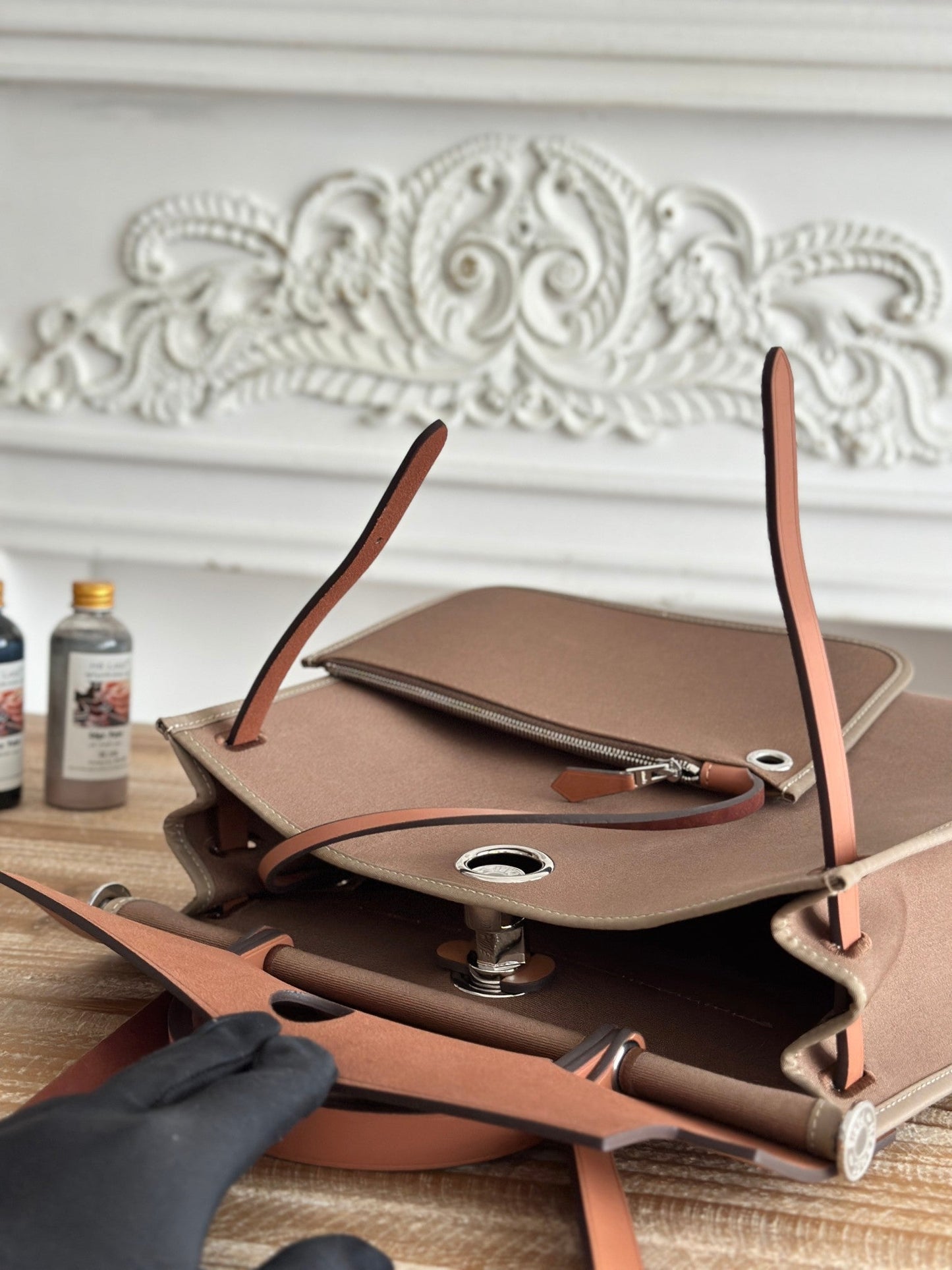 ZIP CABINE 31 BAG IN CHOCOLATE BROWN CANVAS AND BRONZE BROWN CALFSKIN