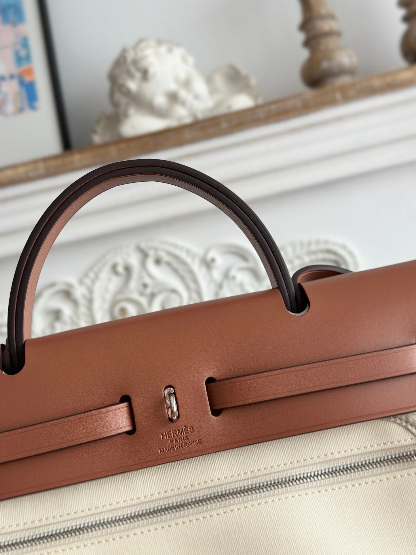 ZIP CABINE 31 BAG IN WHITE CREAM CANVAS AND BRONZE BROWN CALFSKIN