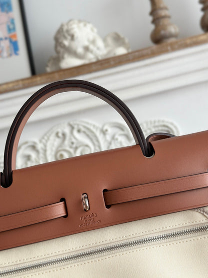 ZIP CABINE 31 BAG IN WHITE CREAM CANVAS AND BRONZE BROWN CALFSKIN