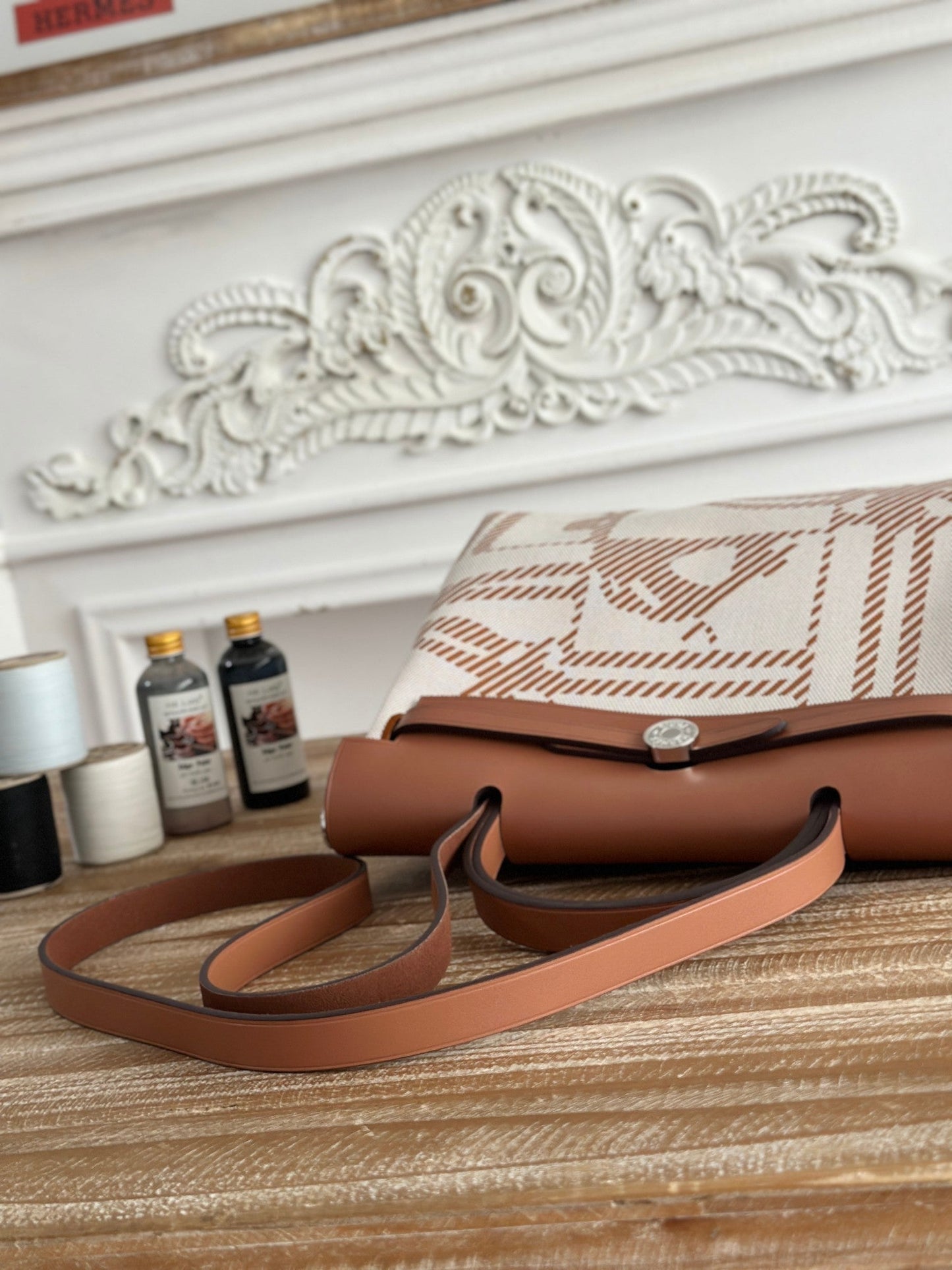 BOLSO HERBAG ZIP 31 RETOURNE BAG IN OFF-WHITE MIX BROWN H VIKING CANVAS AND COWHIDE