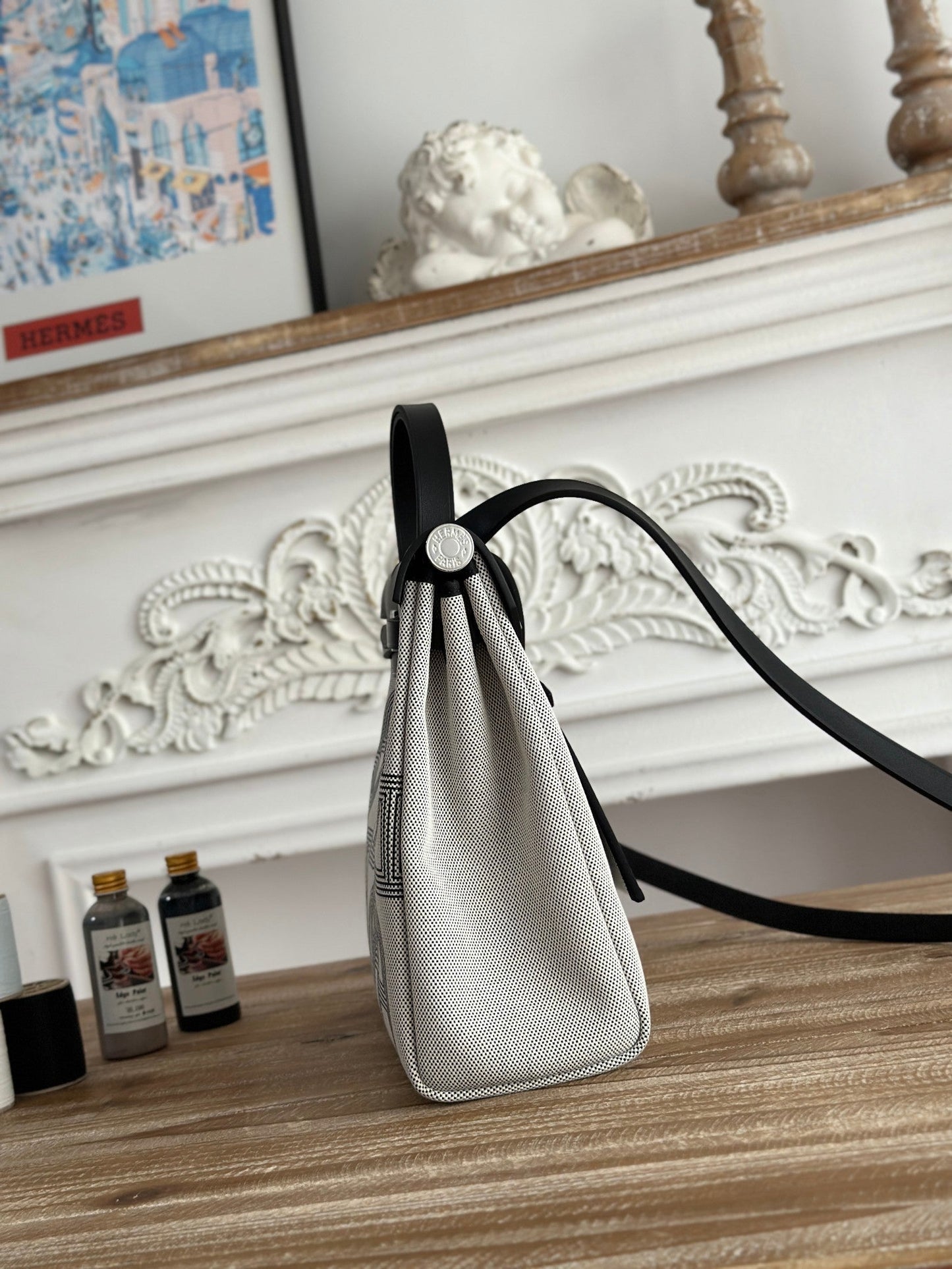 HERBAG ZIP 31 LAQUERED BAG IN OFF-WHITE MIX BLACK H PLUME CANVAS