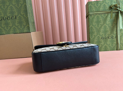 MARMONT MEDIUM SHOULDER BAG 26 IN BEIGE AND BROWN GG CANVAS BLACK CALFSKIN GOLD HARDWARE