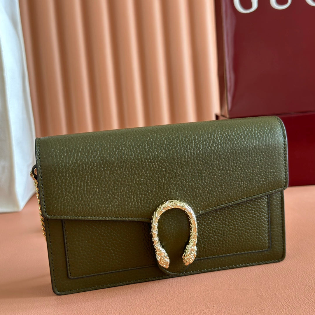 GUCCI 25S DIONYSUS WALLET ON CHAIN 20 IN DARK OLIVE GREEN CALFSKIN