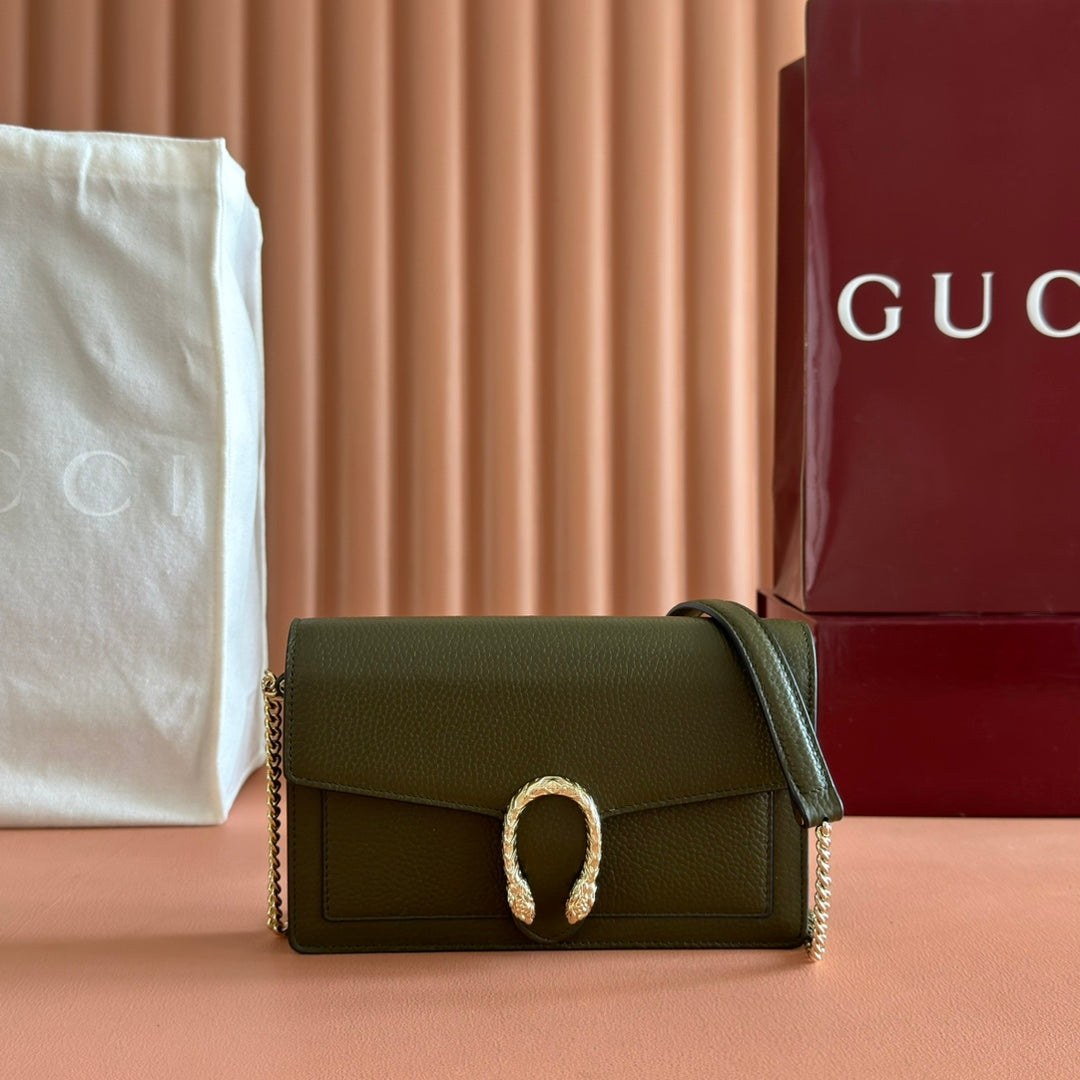 GUCCI 25S DIONYSUS WALLET ON CHAIN 20 IN DARK OLIVE GREEN CALFSKIN