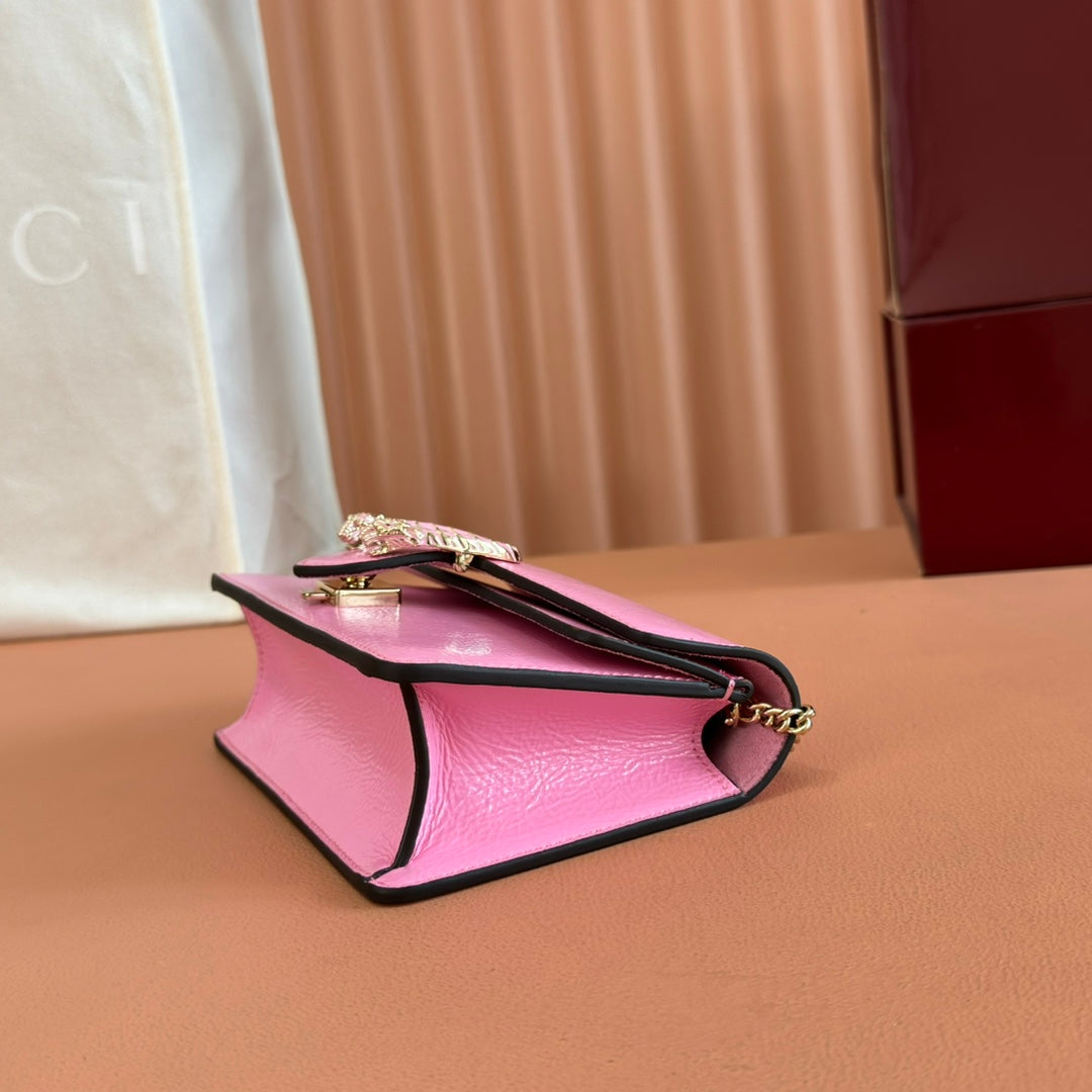 GUCCI 25S DIONYSUS WALLET ON CHAIN 17 IN PINK GLOSSY CALFSKIN
