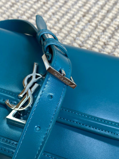 SOLFERINO SMALL SATCHEL 23 IN CERULEAN BLUE CALFSKIN GOLD HARDWARE