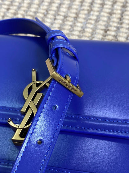 SOLFERINO SMALL SATCHEL 23 IN INDIGO BLUE CALFSKIN GOLD HARDWARE