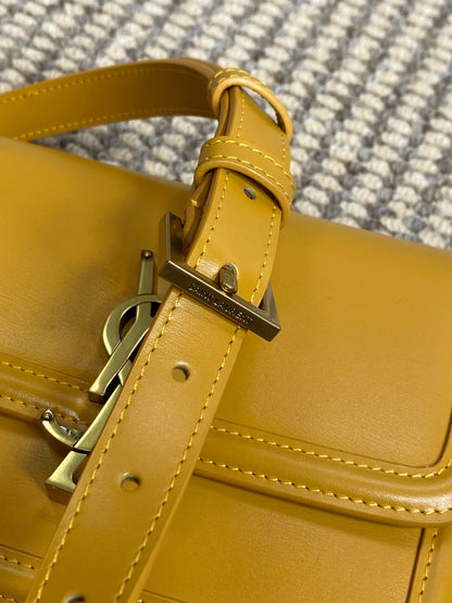 SOLFERINO SMALL SATCHEL 19 IN SAFFRON YELLOW CALFSKIN GOLD HARDWARE