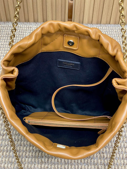 DRAWSTRING CHAIN STRAP SHOULDER BAG 39 IN TORTILLA BROWN QUILTED CALFSKIN