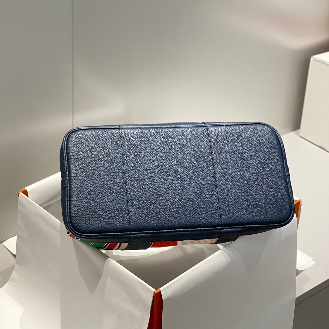 GARDEN PARTY 36 IN MULTICOLOR TOILE H CANVAS BLUE NAVY CALFSKIN TROPICAL ABSTRACT LANDSCAPE PRINT