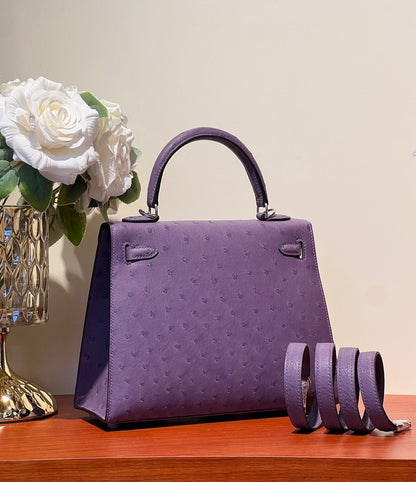 KELLY SELLIER 25 BAG IN ROYAL PURPLE OSTRICH LEATHER WITH SILVER HARDWARE (MADE-TO-ODER)