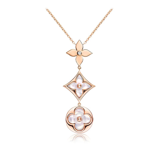 [Clover Jewelry]COLOR BLOSSOM LARIAT NECKLACE PINK GOLD WHITE MOTHER PEARL AND DIAMOND